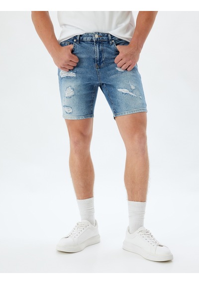 Koton Slim Fit Kot Şort Bermuda Cepli Yıpratma Detaylı Pamuklu Açık İndigo 4sam40056ıd Açık İndigo