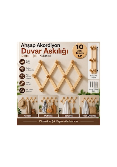 10 Topuzlu Ahşap Akordiyon Duvar Askılığı Açılır Kapanır Çok Amaçlı Askı Bej