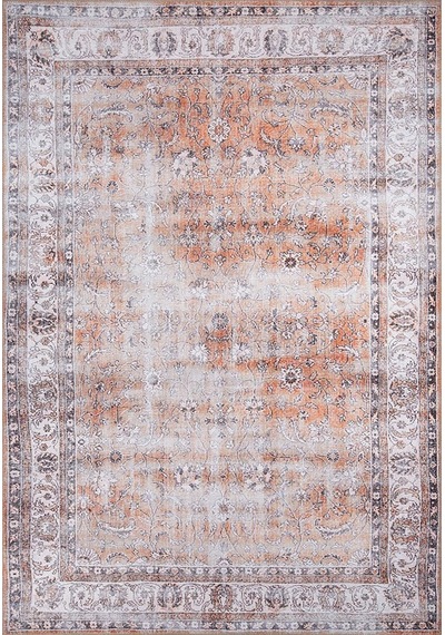 Solgun Turuncu Ve Krem Eskitme Çiçekli Vintage Halı - Al159ou