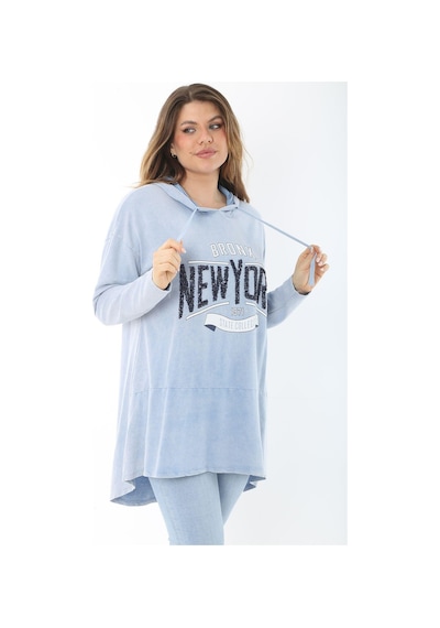 Şans Kadın Büyük Beden Mavi Payet Detaylı Arkası Uzun Kapşonlu Sweatshirt 65n37463 - Mavi