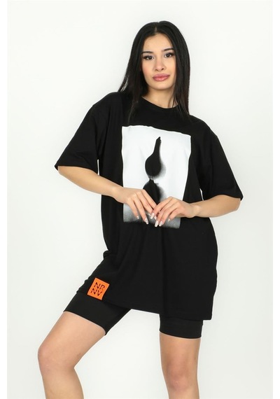 Şamdan Baskılı Oversize Tshirt Siyah-siyah Siyah