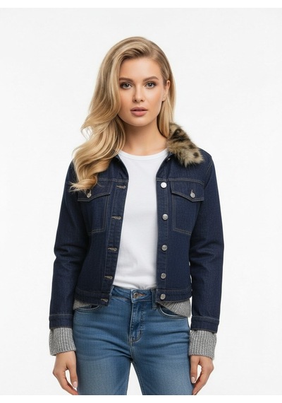 Duygudan Kürk Yaka Detaylı Premium Denim Ceket Modern Kesim Şık Jean Ceket - Mavi