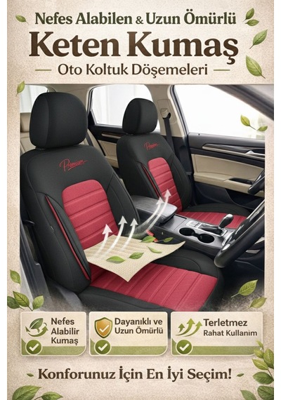 Premium Serisi Lüks Keten Üniversal Oto Koltuk Kılıfı - 5 Koltuk Tam Set Bordo