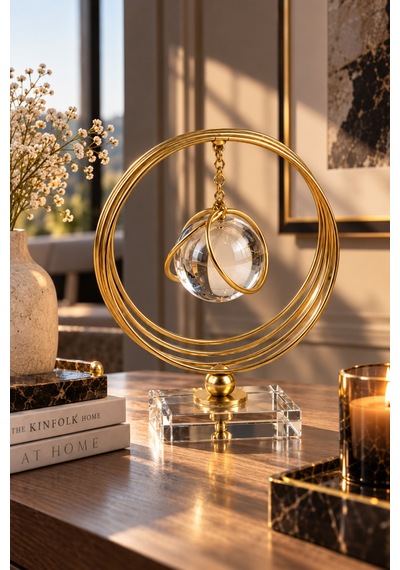 Sleep Nova Gold Halkalı Kristal Küre Dekoratif Masa Aksesuarı