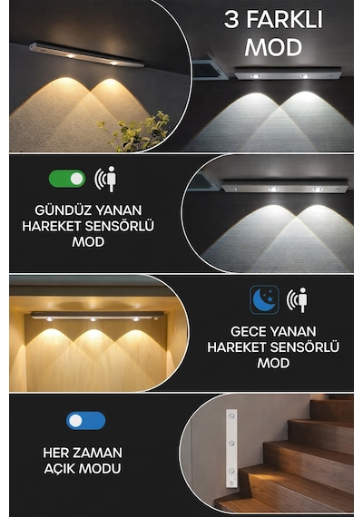 Mutfak Tezgah Altı Şarjlı Hareket Sensörlü Cabinet Dolap Işığı Çekmece İçi Koridor Lambası 30 Cm 02