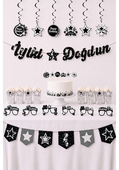Gümüş Yıldız Temalı Doğum Günü Parti Seti İyi Ki Doğdun Banner, Tavan Sarkıt, Gözlük, Pasta Süsü Ve Mısır Kutusu