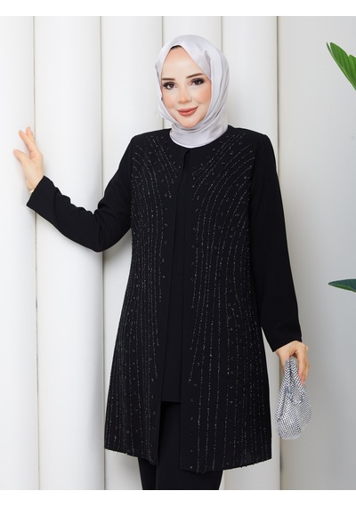Eslemnur 2'li Pantolon Takım Yağmur Taşlı Siyah