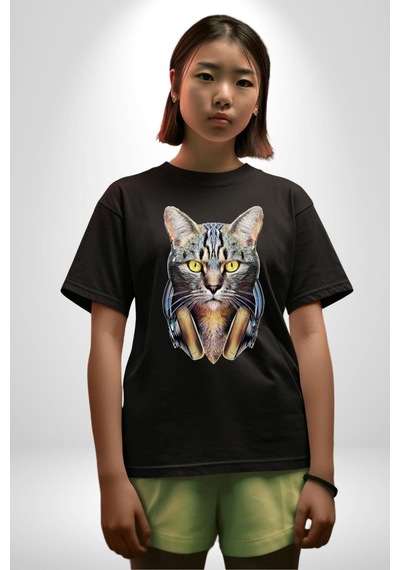 Kulaklık Kedi Pamuklu Bisiklet Yaka Unisex Oversize Boyfriend Dijital Baskılı Siyah T-shirt Siyah