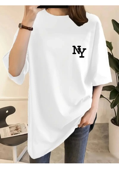 Modi Baskılı Oversize Bisiklet Yaka T-shirt - Beyaz - Mymg158989