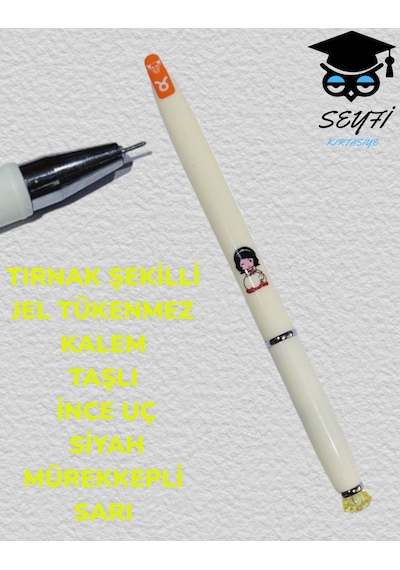Tırnak Şekilli Jel Tükenmez Kalem Taşlı İnc Uç Siyah Mürekkepli Mor