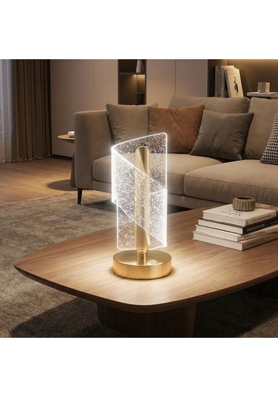 Buffer Çapraz Kavisli Kristal Simli Led Masa Lambası Gold Gövdeli, Dokunmatik, 3 Kademe Işık Ayarlı Şarjlı Dekoratif Beyaz