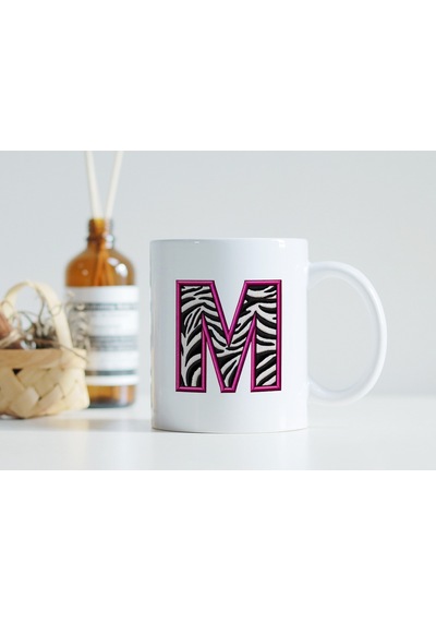 M Harfi Zebra Deseni Ve Pembe Kenarlı Kupa Bardak - Kişiye Özel Nakış Efektli - Siyah Beyaz Pembe Beyaz