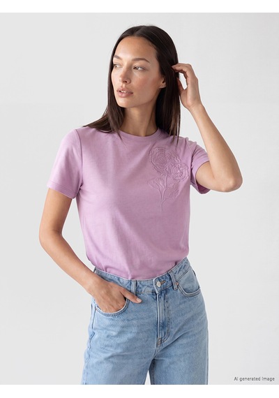 Lcw Everyday Lila Nakışlı Soft Touch Kadın Tişört