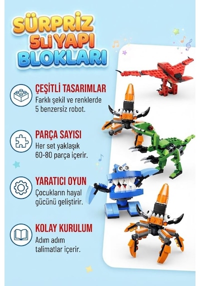 Sürpriz Yumurta 5'li Set Dinozor Ve Araç Figürlü Yapı Blokları Eğitici Öğretici Parçalı Oyuncak