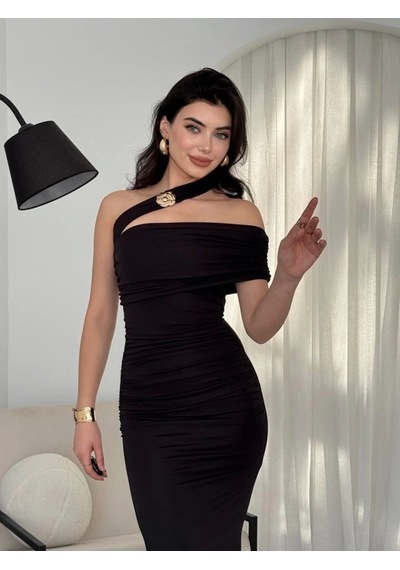 Defymoda Reta Çapraz Omuz Elbise Siyah