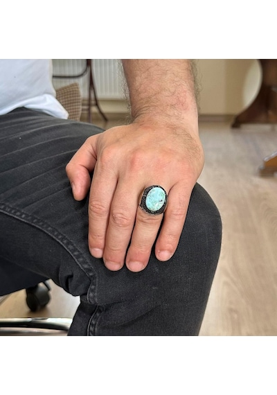 Larimar Taşlı Yüzük - Huzurlu 925 Ayar Solid Gümüş Erkek Yüzüğü - Okyanus Sakinliği Tasarımı Gümüş