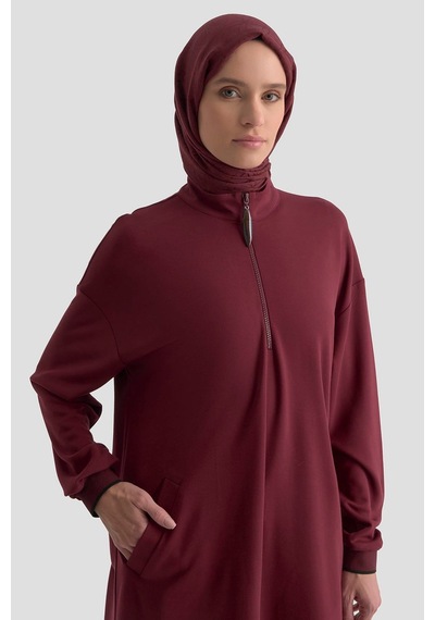 Armine Trend Yarım Fermuarlı Kolları Ribanalı Cepli Örme Tunik Bordo 25kt461 Bordo