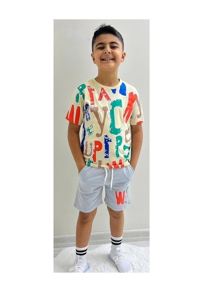 Mnk Baby & Kids Erkek Çocuk Baskılı Şortlu Yazlık Takım M00710 Ekru