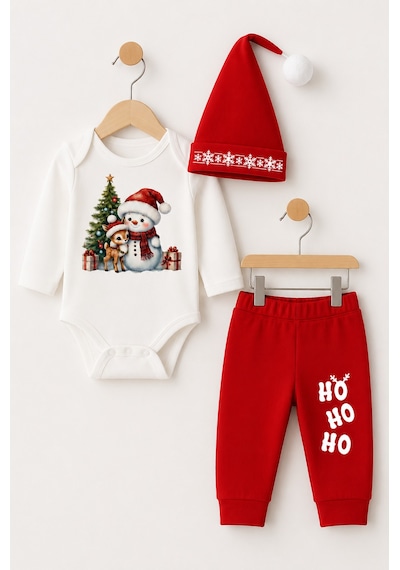 Babyden's Bebek Yılbaşı Noel Kıyafeti 3 Lü Takımı Snowman Baskılı Body,kırmızı Pantolon,noel Şapkası Unisex Kırmızı - Beyaz