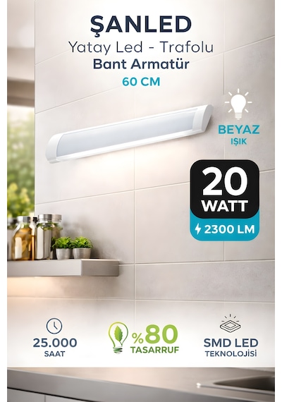 60 Cm 20 Watt Yatay Led Bant Armatür-trafolu Beyaz Işık-2 Adettir Beyaz