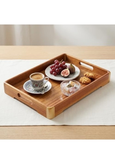 Büyük Boy Akasya Ahşap Sunum Tepsisi 40x28 Cm - Doğal Ahşap Çay, Kahve Ve Kahvaltı Tepsisi, Kulplu Tasarım 15cm