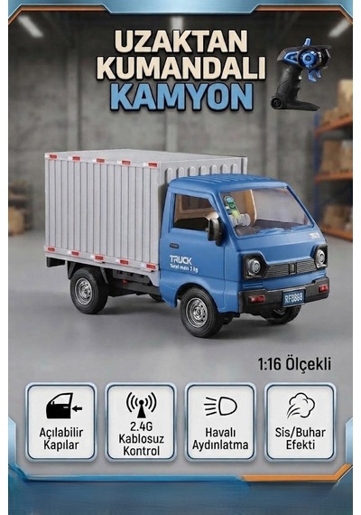 Uzaktan Kumandalı 1:16 Ölçek Duman Atan Mavi Kapalı Kasa Kapıları Açılabilir Led Işıklı Kamyonet Çok Renkli
