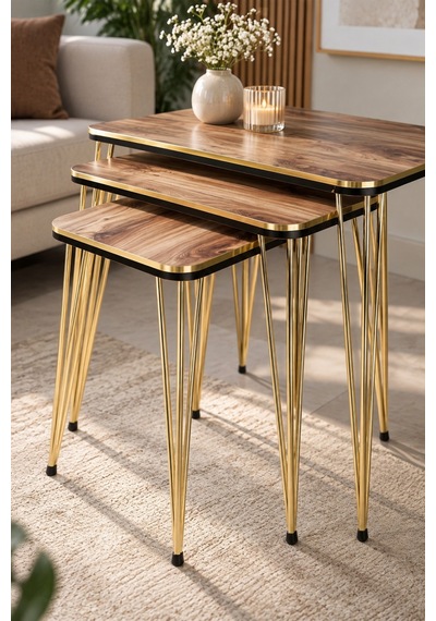 Sulorahome Ceviz Desenli Gold Metal Ayaklı Zigon Sehpa Seti Ceviz - Altın
