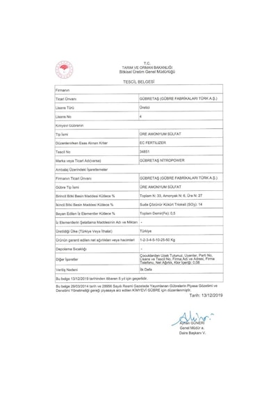 Gübretaş Nitropower 33 Üre Amonyum Sulfat Kükürt Azot Gübre 50 KG