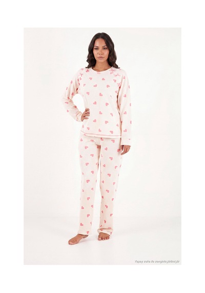 Lela Desenli Yumuşak Dokulu Uzun Kollu Pijama Takımı Kadın Pijama Takımı 6575020 Ekru