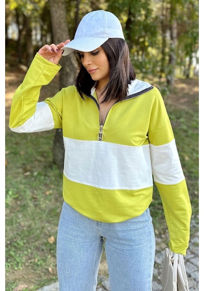 WeShaya Kadın Yağ Yeşili Uzun Kol, Dik Yaka, Fermuarlı, Double Color Block Basic Sweatshirt Bluz Yağ Yeşili WeShaya Kadın Yağ Yeşili Uzun Kol, Dik Yaka, Fermuarlı, Double Color Block Basic Sweatshirt Bluz Yağ Yeşili