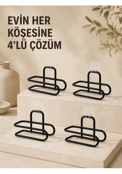 Delmeden Monte Tuvalet Kağıdı Askısı Siyah Metal Yapışkanlı Banyo Kağıtlığı 4 Lü Set Çokrenkli