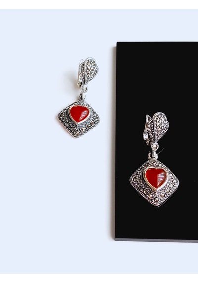 Gümüş Kırmızı Akik Markazit Taşlı Kare Otantik Tasarım Kadın Küpe