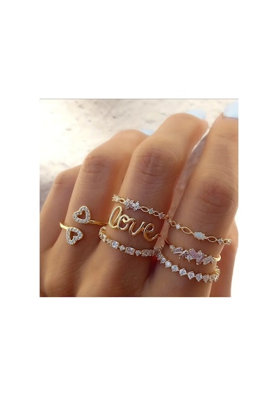 Love Aşk 7 Parça Tasarım Gold Altın Taşlı 14 Şubat Sevgiliye Hediye Yüzük Seti