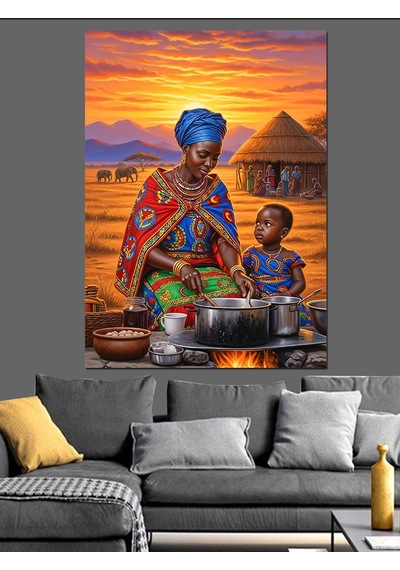 Ahşap Tablo Afrikalı Kadın Yemek Yapıyor