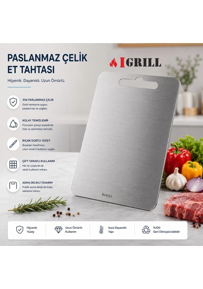 Igrıll Et Kesme Tahtası 304 Paslanmaz Çelik 32x24cm - Hijyenik Çift Taraflı Mutfak Tezgah Üstü Kesim Gri