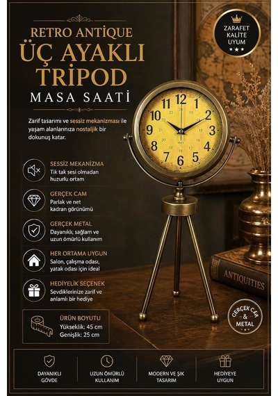 Retro Antique Üç Ayaklı Metal Eskitme Masa Saati Diğer