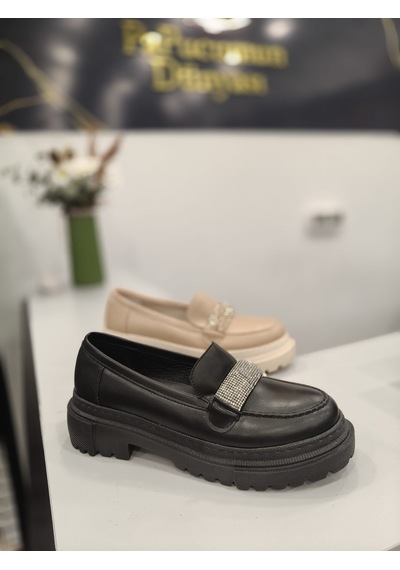 Papucumun Dünyası Önü Taşlı Yüksek Taban Kadın Loafer Siyah