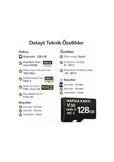 128gb V30 Hafıza Kartı Araç Ve Güvenlik Kamerası Video Kayıt Class 10 100mb/s Micro Sd Kart