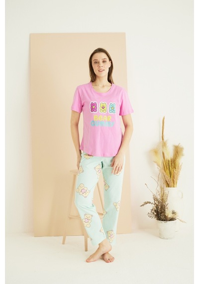 Siyah İnci Pamuklu Bisiklet Yaka Örme Pijama Takım25107156 Pembe