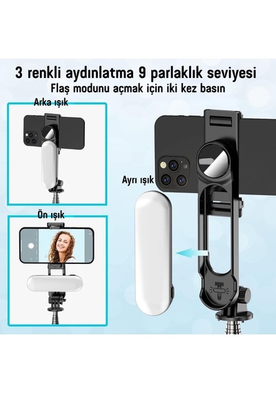 Led Işıklı Selfie Çubuğu & Tripod 111 Cm Uzatılabilir, 360 Döner Telefon Tutucu, Çıkarılabilir Bluetooth Diğer