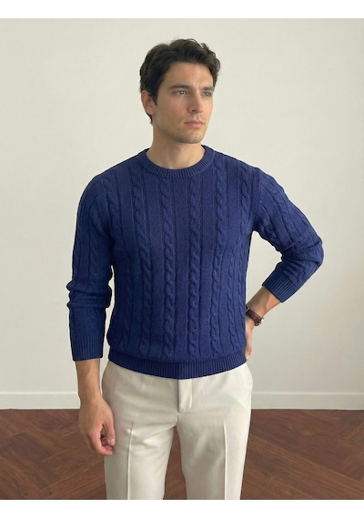 Erkek Lacivert Bisiklet Yaka Slim Fit Saç Örgülü Triko Kazak Lacivert