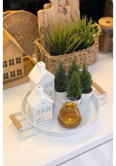 2'li Ahşap Kulplu 37 Cm Siyah Ve 30 Cm Beyaz Tepsi Çay Kahve Sunum Tepsisi Siyah-beyaz
