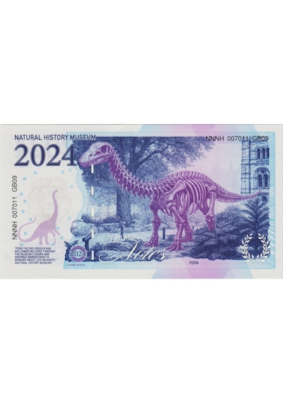 İngiltere Doğa Tarihi Müzesi Hatıra - Dinozor Fern. Uv, Filigran Şerit Güvenlikli Seri Nolu. Çil.