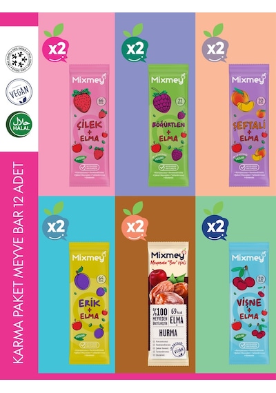 Mixmey Karma 2 Meyve Bar 12 Adet | Atıştırmalıklar – Vegan, Glutensiz, Koruyucusuz 20gr X 12 Adet