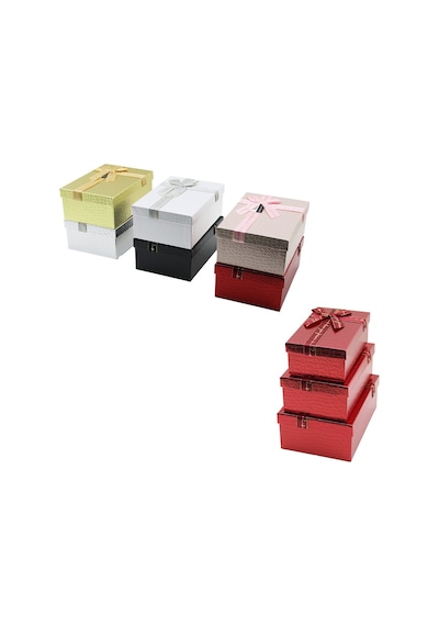 3pcs D.dörtgen Parlak Mix Renkli - Kabartma Desen Karton Hediye Kutusu Kurdelalı 22.5x15.5-20.5x13.5-18.5x11.5cm