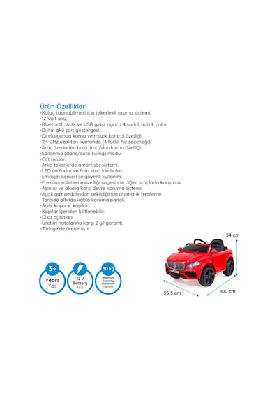 Massimo Gt 4x2 12v Uzaktan Kumandalı Led Farlı 2x Arka Süspansiyonlu Kemerli Çocuk Akülü Araba Kırmızı