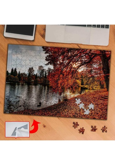 Kırmızı Yaprak Altında Göl 240 Parça Puzzle Yapboz Tablo-8266