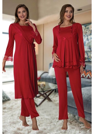 By Hw Kadın Vişne Sabahlıklı Hamile Lohusa Pijama Takımı Vişne