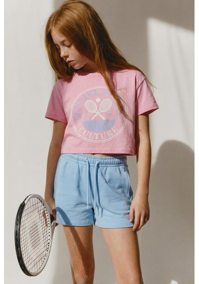 Magu Kız Çocuk Pamuklu Pembe Baskılı Crop T-shirt Mavi Şort Takım Çok Renkli