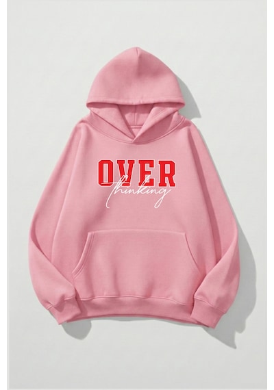 Uyguntarz Unisex Yumuşak Dokulu Over Thinking Baskılı Tasarım Oversize 3 İplik Hoodie Sweatshirt Pembe